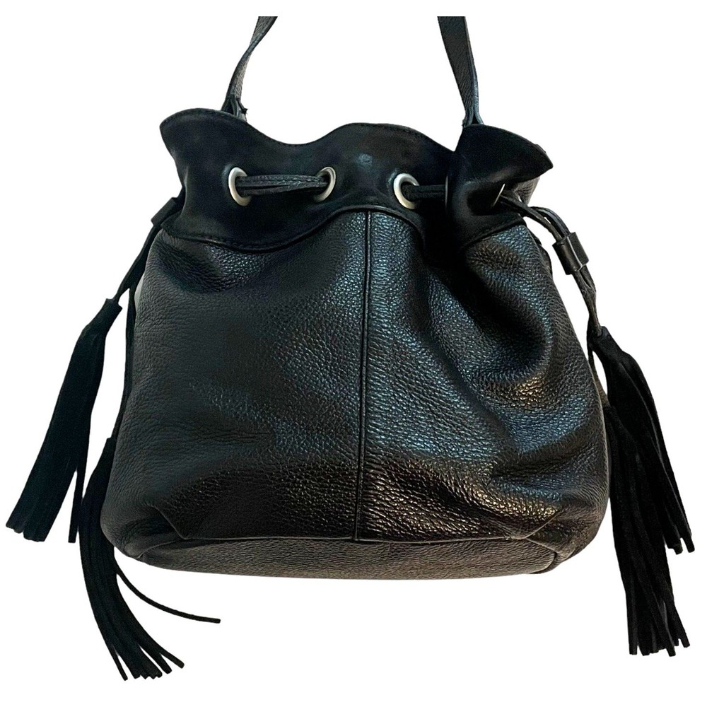 VTG American Eagle Outfitters Black Pebbled Leather Drawstring Bucket Crossbody